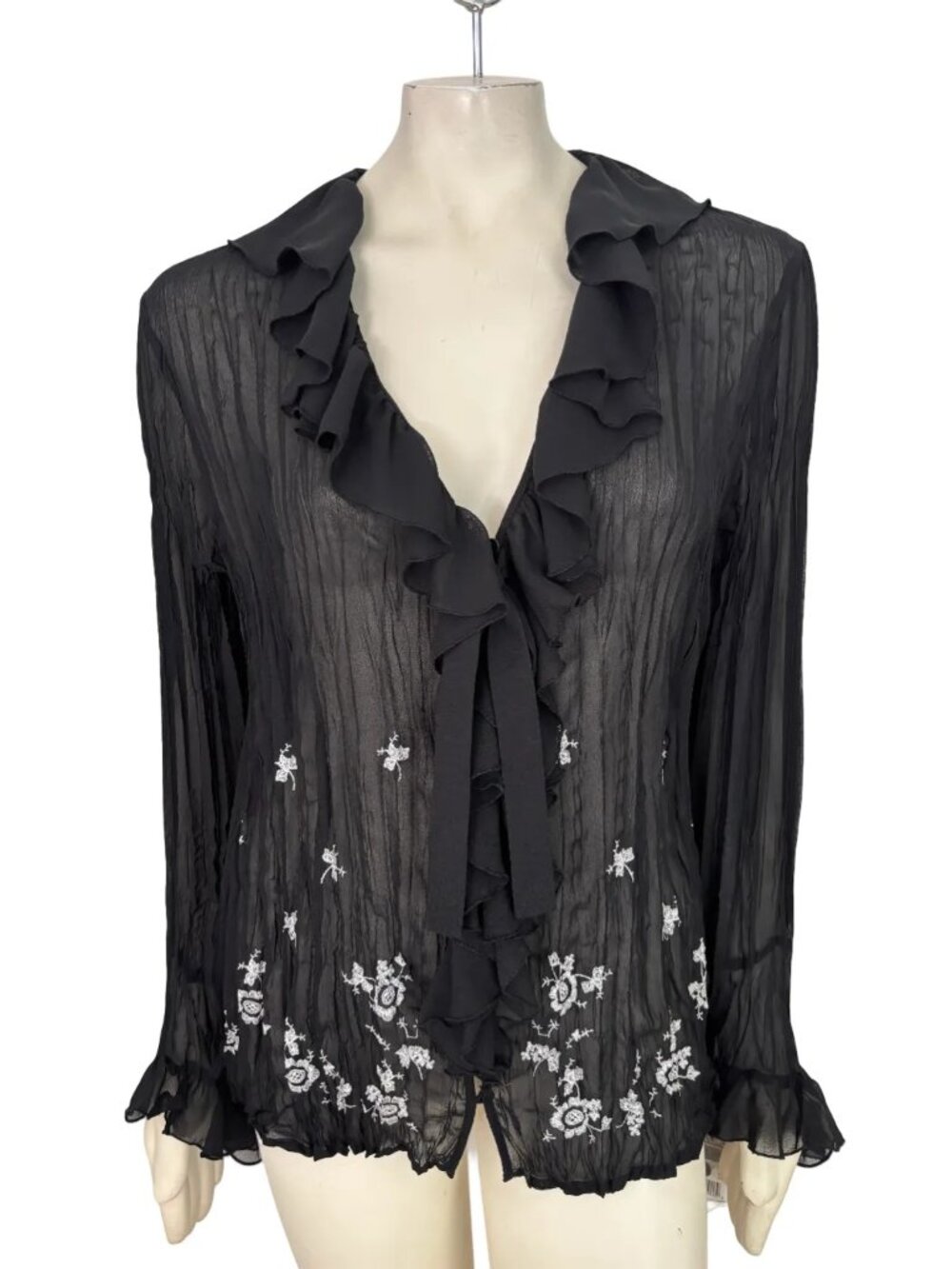 NWT NY COLLECTION Sheer Crinkled Floral Embroidered Ruffled Chiffon Blouse SZ L